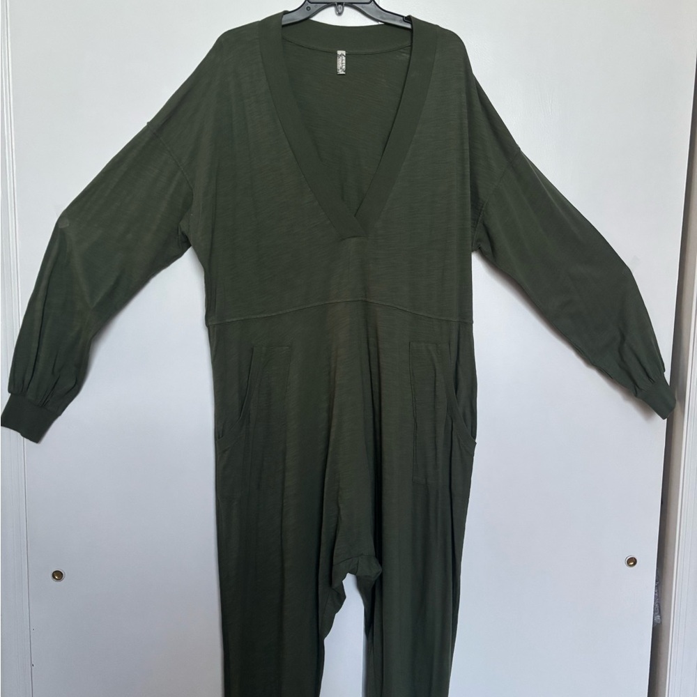 Free People Deep Green V-Neck Jumpsuit